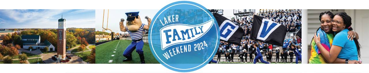 Grid of images featuring Louie, an aerial view of Allendal GVSU campus in the fall with orange leaves on the trees, cheerleaders running with GV flags, and two people hugging